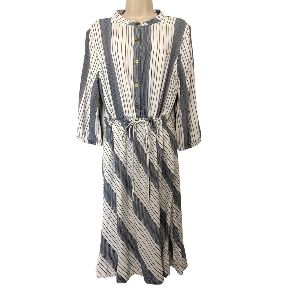 Donna Karan Striped Midi Shirt Dress Size XL White x Navy Long Sleeve
